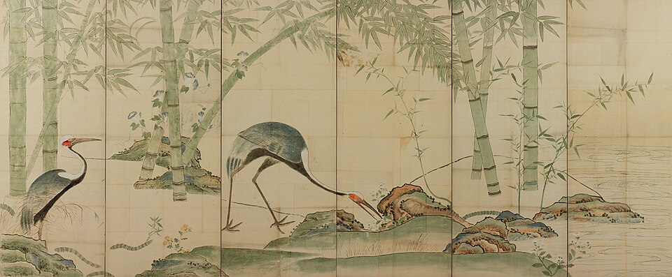 Cranes, Pines, and Bamboo I，Japanese screen painting · Public Domain